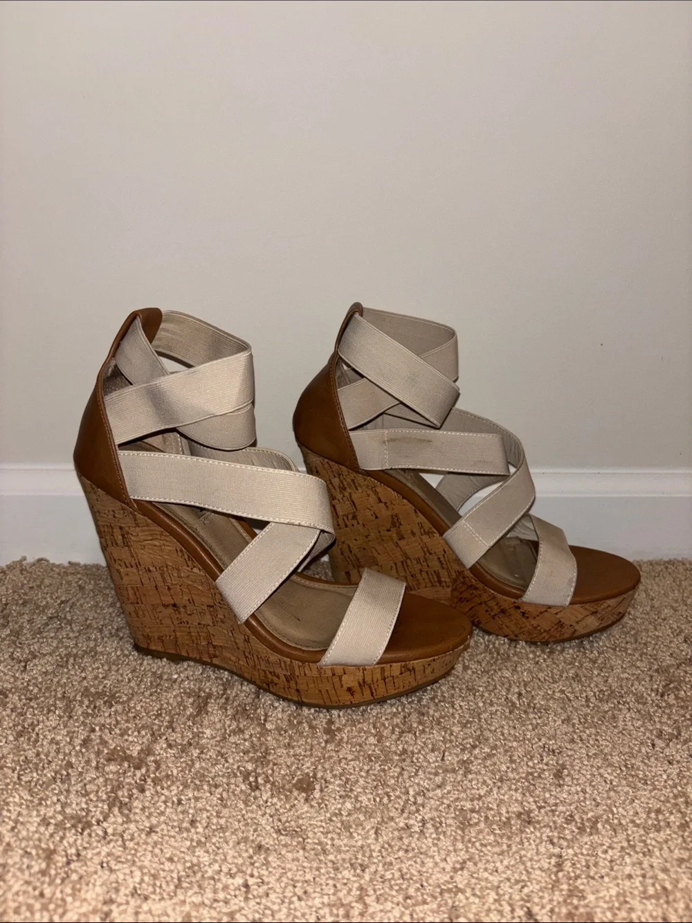 Steve Madden Beige Elastic Strappy Cork Wedges